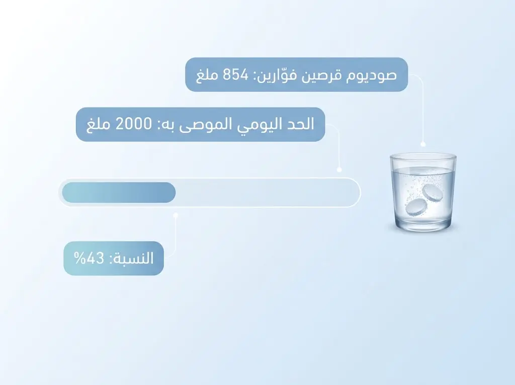 رسم يقارن كمية الصوديوم في قرصين من بانادول الفوار مع الحد اليومي الموصى به من منظمة الصحة العالمية