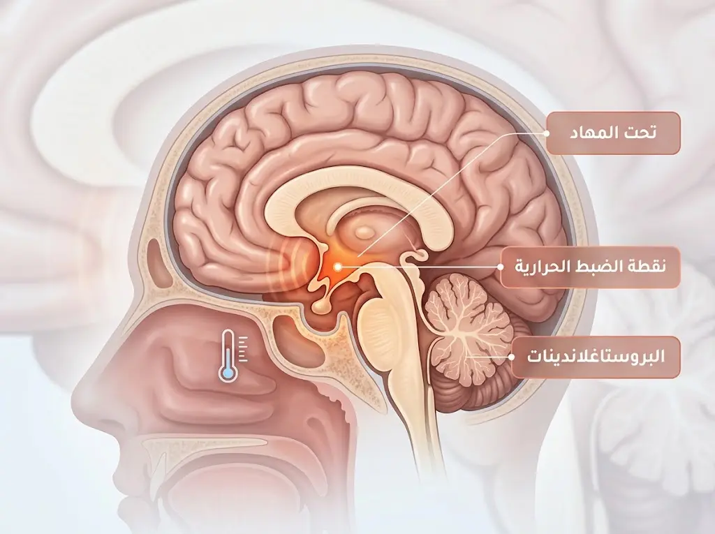 رسم تشريحي يوضح مركز تنظيم الحرارة في تحت المهاد ودور البروستاغلاندينات في الحمى