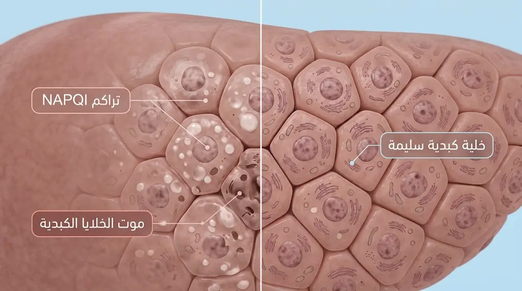 تصوير مجهري ثلاثي الأبعاد يقارن بين خلايا الكبد السليمة والمتضررة من تراكم NAPQI