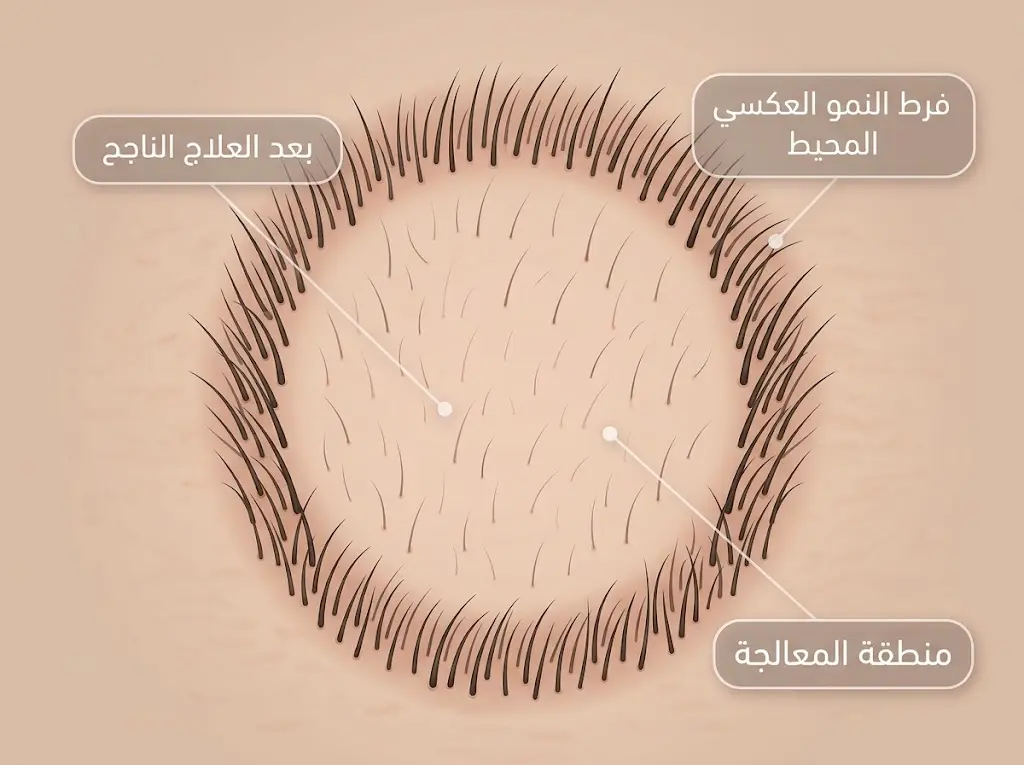 رسم توضيحي لظاهرة فرط النمو الشعري العكسي حول منطقة المعالجة بالضوء