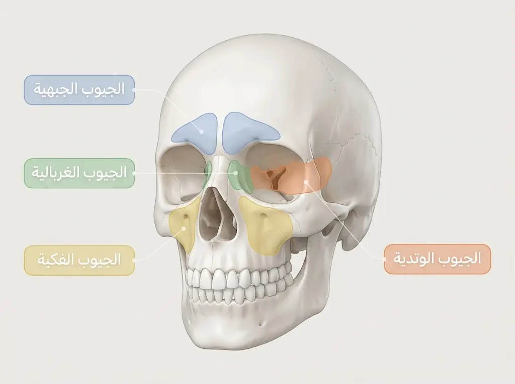 رسم تشريحي يوضح مواقع الجيوب الأنفية الأربع في الجمجمة