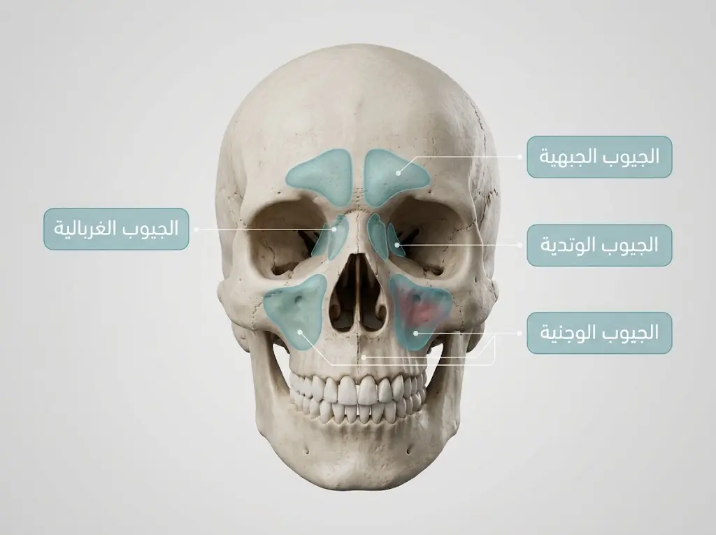 رسم تشريحي ثلاثي الأبعاد يوضح مواقع الجيوب الأنفية الأربعة في الجمجمة
