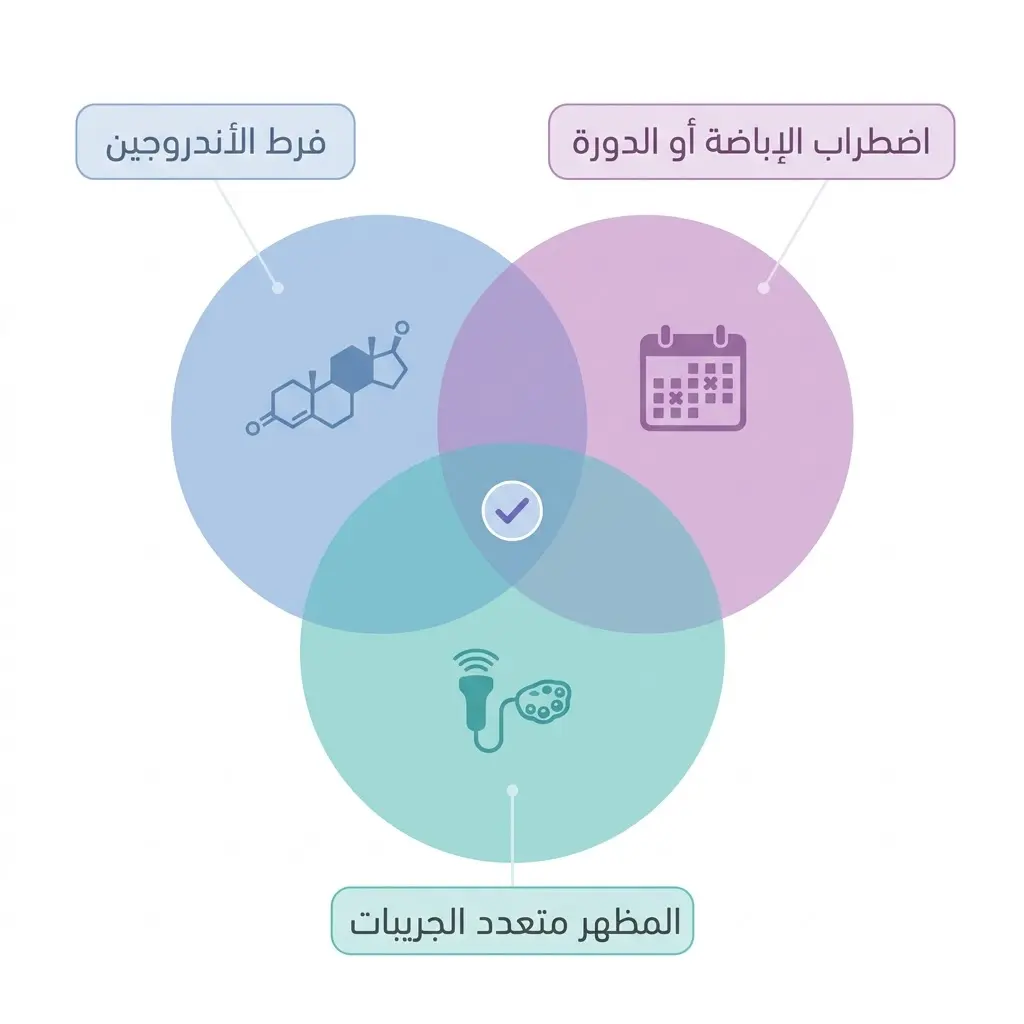 إنفوغرافيك دوائر متداخلة يوضح معايير تشخيص تكيس المبايض الثلاثة ومعيار اثنين من ثلاثة