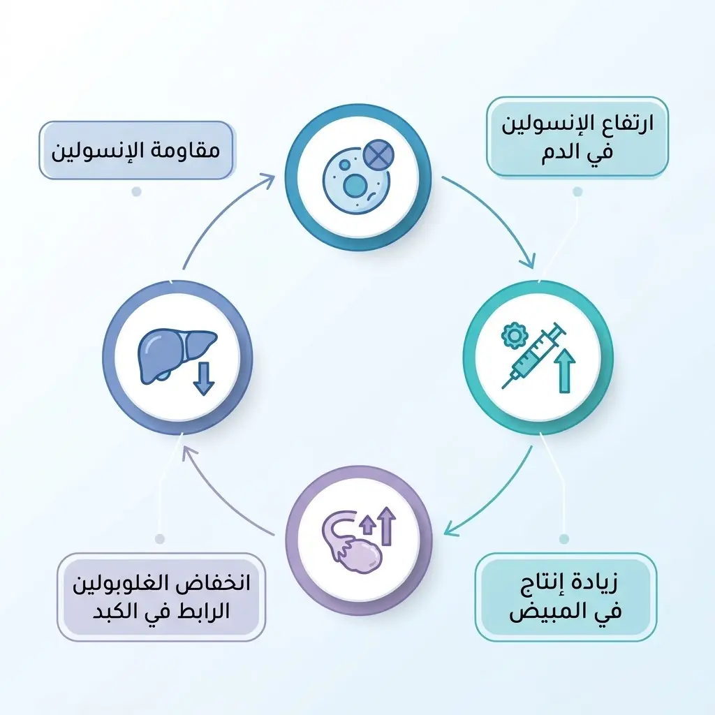 إنفوغرافيك يوضح الحلقة المرضية بين مقاومة الإنسولين وارتفاع الأندروجين في تكيس المبايض