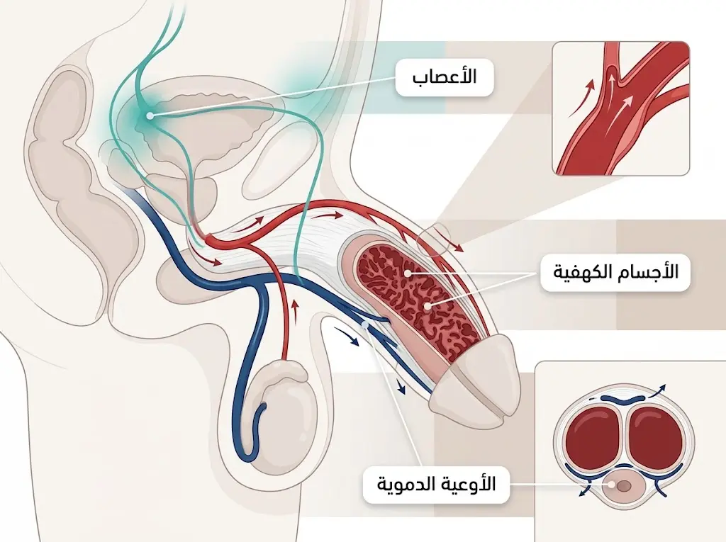 رسم تشريحي يوضح الأعصاب والأجسام الكهفية والأوعية الدموية المشاركة في حدوث الانتصاب.