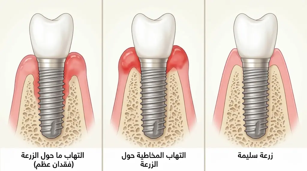 مقارنة توضيحية بين زرعة سليمة والتهاب المخاطية حول الزرعة والتهاب ما حول الزرعة المصحوب بفقدان العظم