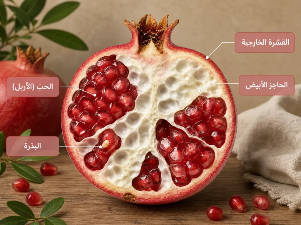 رسم توضيحي لتشريح ثمرة الرمان ويظهر القشرة والحاجز الأبيض والحبّ والبذرة
