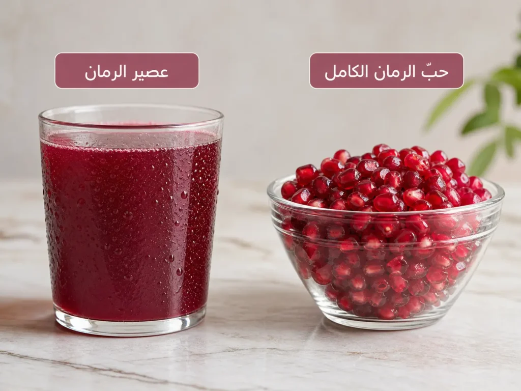 مقارنة بصرية بين حبّ الرمان الكامل وعصير الرمان من حيث الألياف والسكر