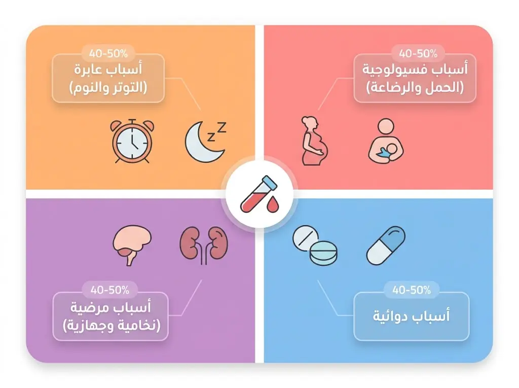 إنفوغرافيك يصنف الأسباب الأربعة الرئيسية لارتفاع هرمون الحليب: فسيولوجية وعابرة ودوائية ومرضية