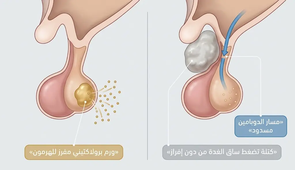 رسم مقارن بين الورم البرولاكتيني المفرز للهرمون وكتلة أخرى ترفعه فقط بضغط ساق الغدة النخامية