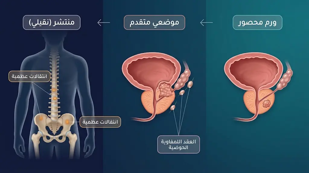 ثلاث لوحات تشريحية متتابعة توضح سرطان البروستاتا المحصور داخل الغدة ثم الموضعي المتقدم مع العقد الحوضية ثم المنتشر إلى العظام