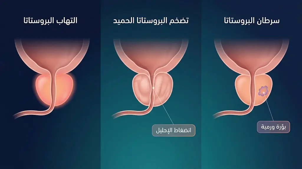 مقارنة بصرية بين سرطان البروستاتا وتضخم البروستاتا الحميد والتهاب البروستاتا في ثلاث لوحات تشريحية متجاورة