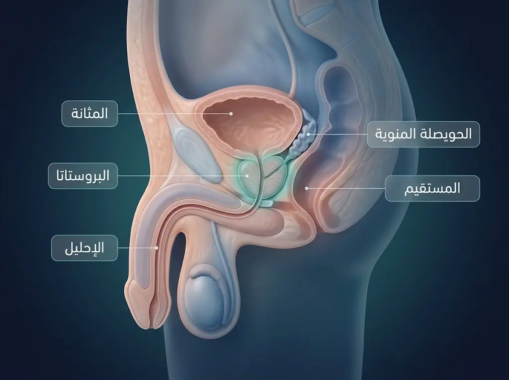 مقطع جانبي ثلاثي الأبعاد للحوض الذكري يوضح موقع البروستاتا أسفل المثانة وأمام المستقيم وحول الإحليل مع الحويصلة المنوية