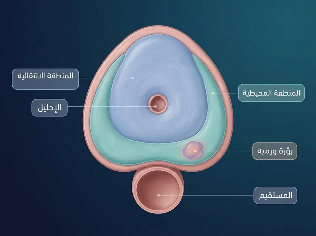 مقطع عرضي للبروستاتا يوضح المنطقة المحيطية الخلفية القريبة من المستقيم وبؤرة ورمية صغيرة فيها والمنطقة الانتقالية حول الإحليل
