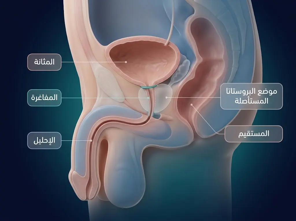 مقطع جانبي ثلاثي الأبعاد للحوض بعد استئصال البروستاتا يوضح وصل عنق المثانة بالإحليل والموضع الأصلي للغدة المستأصلة