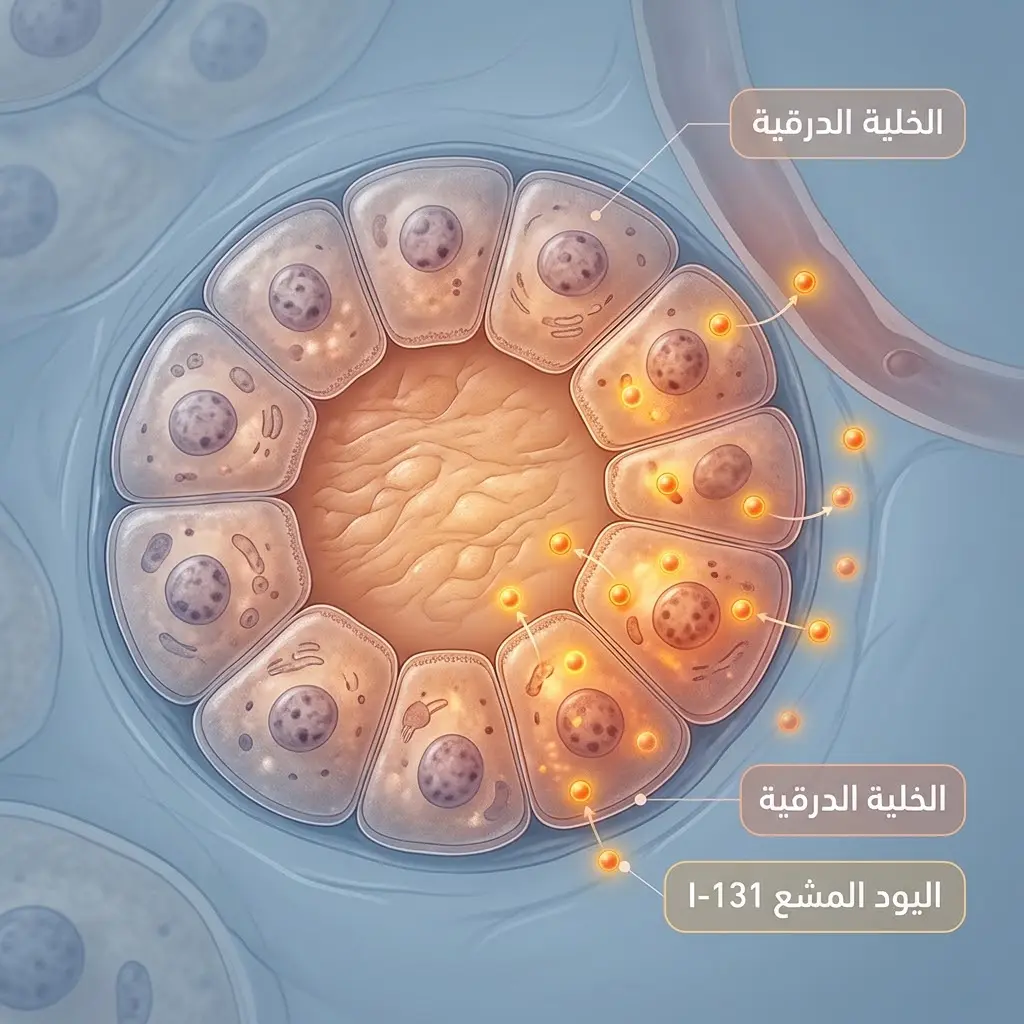 رسم علمي يوضح آلية التقاط الخلايا الدرقية لليود المشع I-131 على المستوى الخلوي.