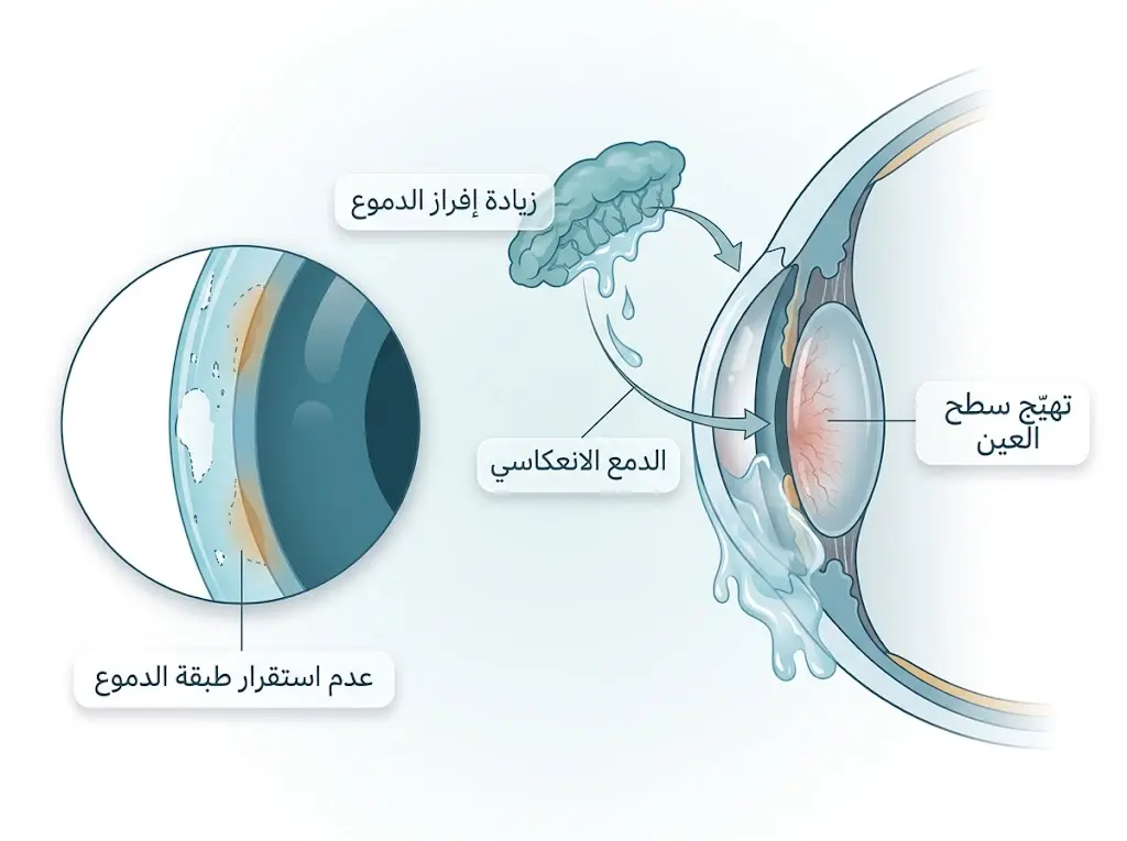 مخطط طبي يوضح كيف يسبب تهيّج سطح العين زيادة الدمع الانعكاسي رغم استمرار عدم استقرار طبقة الدموع.
