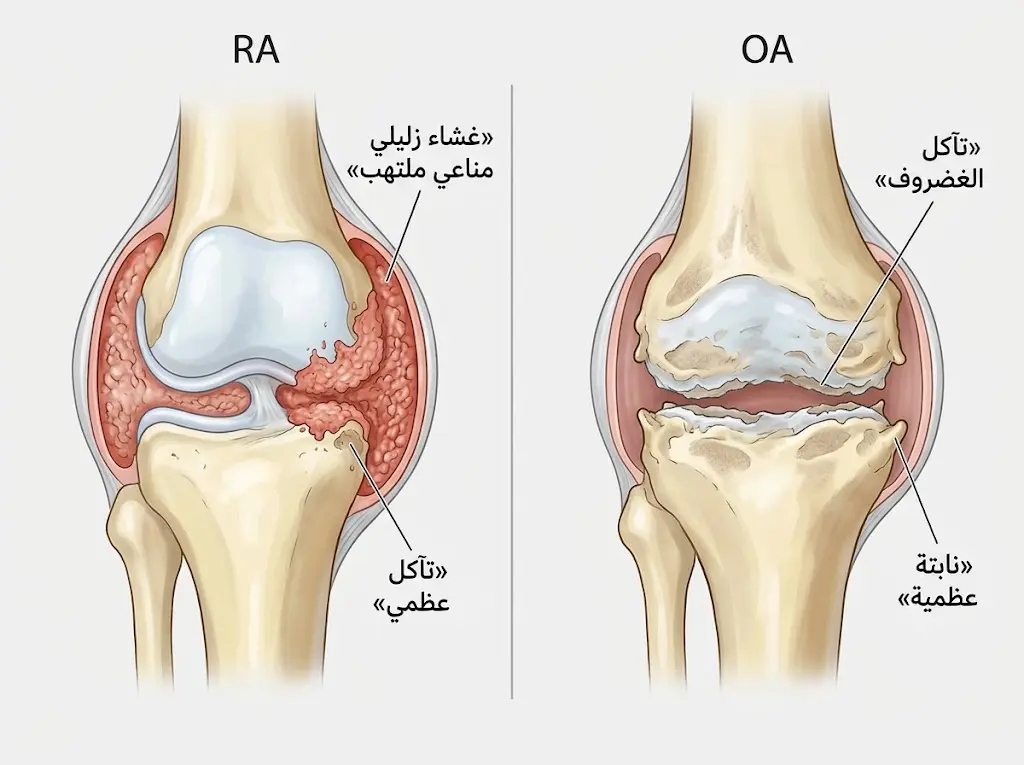 رسم مقارن تشريحي بين التهاب المفاصل الروماتويدي والفصال العظمي.
