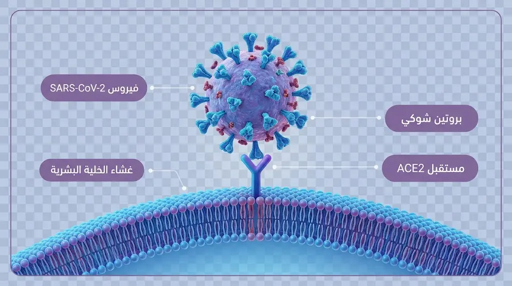 رسم توضيحي طبي لآلية ارتباط فيروس كورونا بمستقبلات ACE2 على الخلية البشرية.
