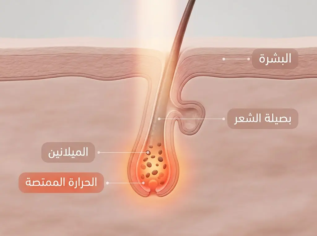 رسم ثلاثي الأبعاد يوضح آلية التحلل الحراري الضوئي الانتقائي داخل بصيلة الشعر