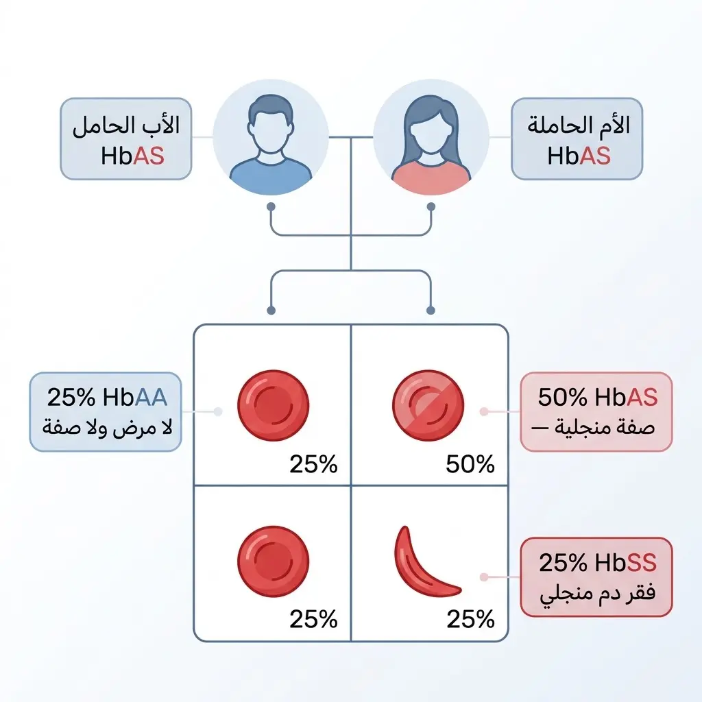 مخطط وراثي يوضح احتمالات إصابة الأبناء بفقر الدم المنجلي عندما يكون الوالدان حاملين للصفة