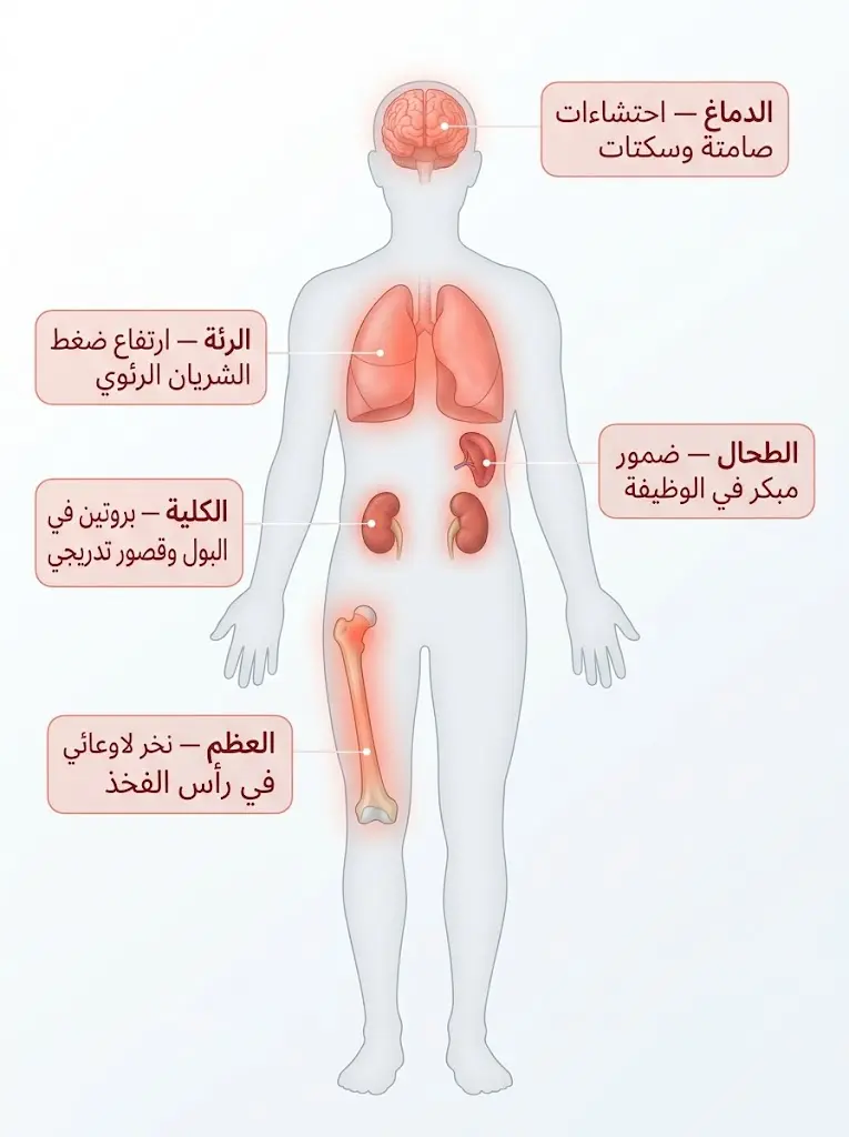 مخطط تشريحي يوضح الأعضاء الأكثر تأثراً بالمضاعفات المزمنة لمرض الأنيميا المنجلية