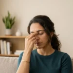 صورة امرأة تضغط بأصابعها على جبهتها وأنفها من شدة ألم صداع الجيوب الأنفية