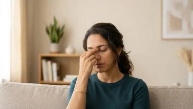 صورة امرأة تضغط بأصابعها على جبهتها وأنفها من شدة ألم صداع الجيوب الأنفية