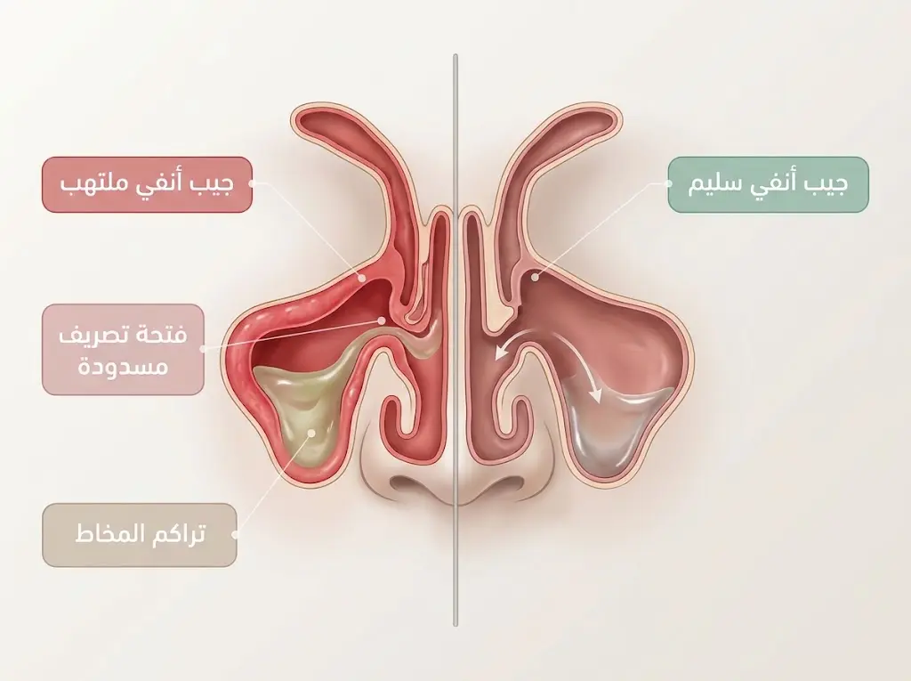 مقارنة تشريحية بين جيب أنفي سليم وآخر ملتهب مع انسداد فتحة التصريف
