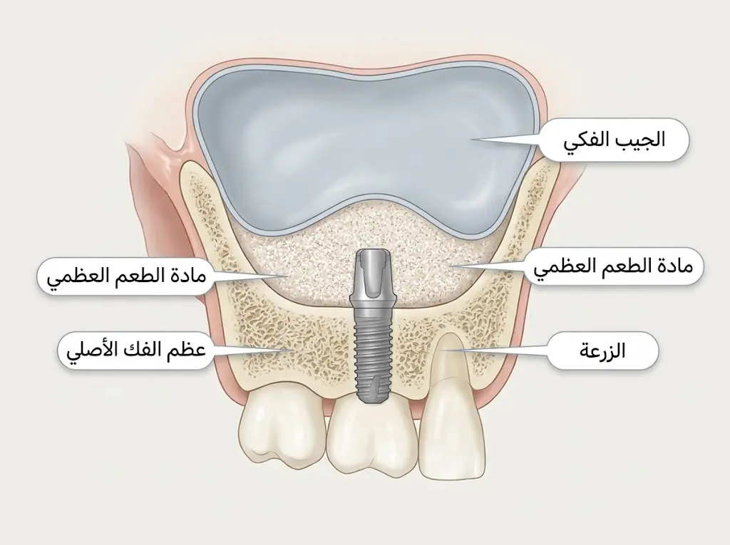 رسم توضيحي لعملية رفع الجيب الفكي وإضافة طعم عظمي قبل وضع زرعة أسنان في الفك العلوي الخلفي