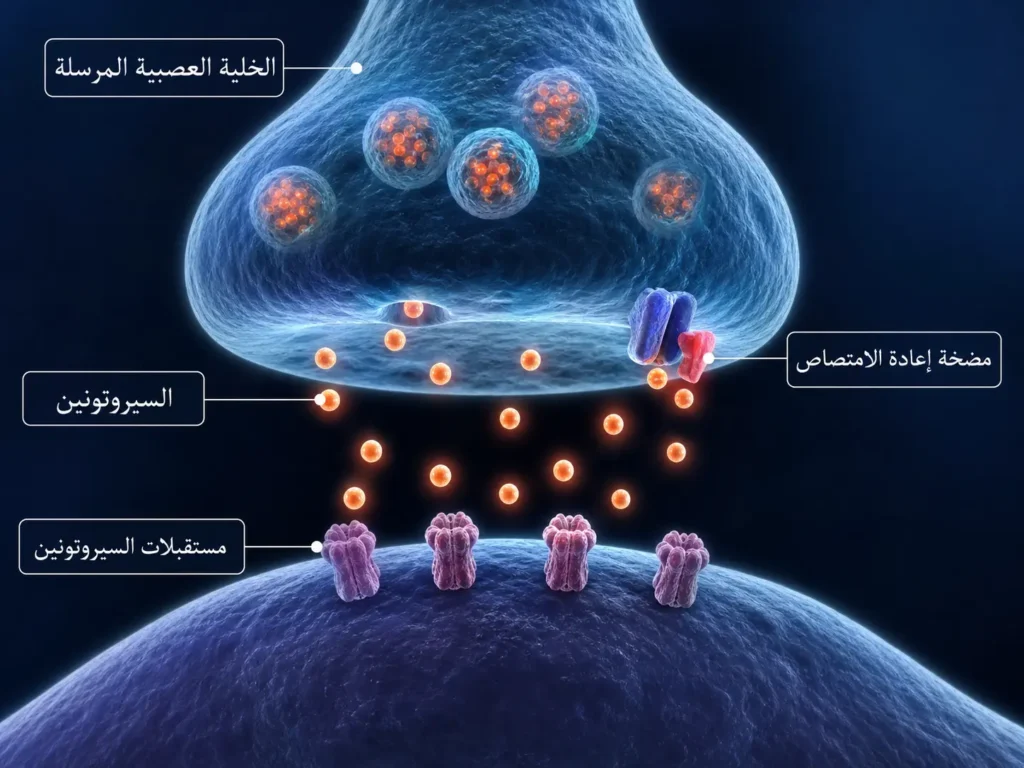 رسم ثلاثي الأبعاد لآلية عمل مضادات الاكتئاب SSRI على مستوى الشق العصبي