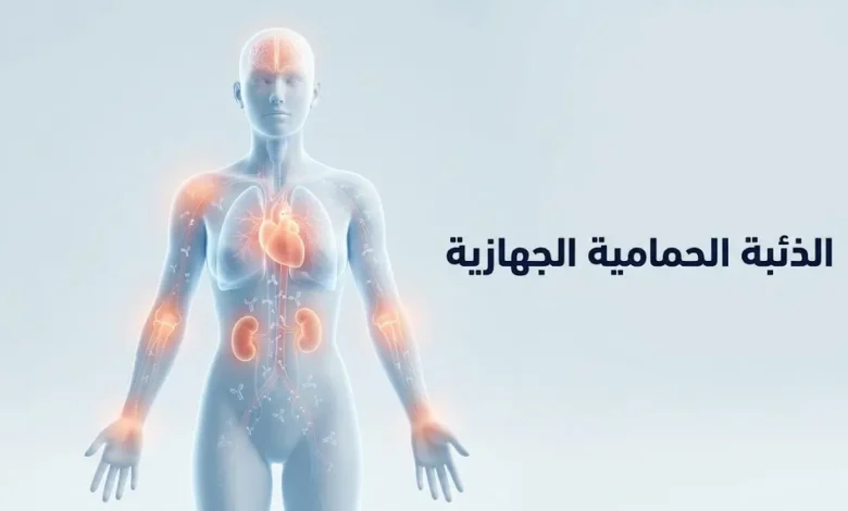 جسم بشري توضيحي يظهر عليه مناطق متعددة من الالتهاب المناعي الذاتي في الذئبة الحمامية الجهازية