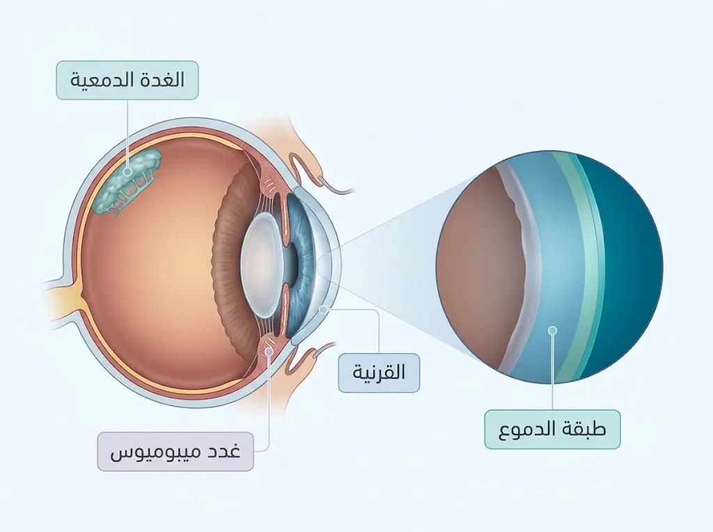 رسم تشريحي يوضح الغدة الدمعية وغدد ميبوميوس والقرنية وطبقة الدموع المسؤولة عن حماية سطح العين وترطيبه.