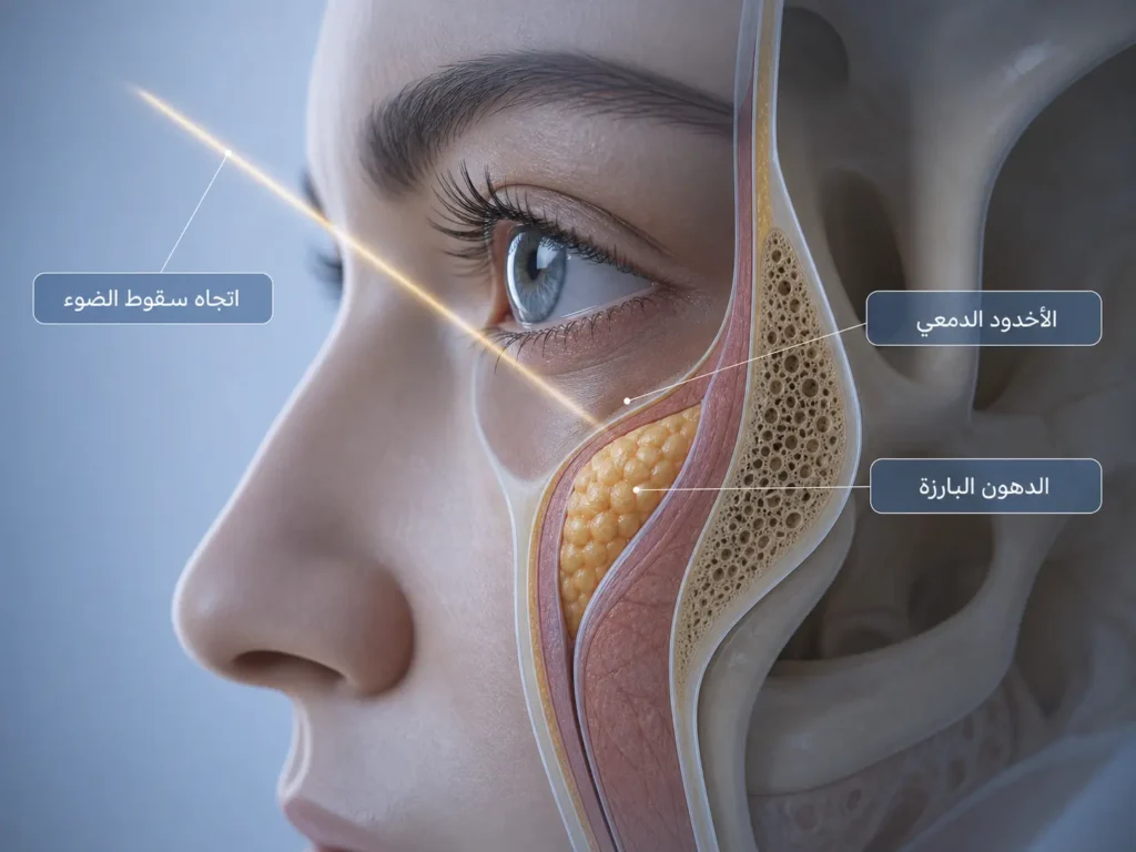 رسم ثلاثي الأبعاد يوضح كيف يصنع التجويف أسفل العين ظلاً يشبه الهالة السوداء