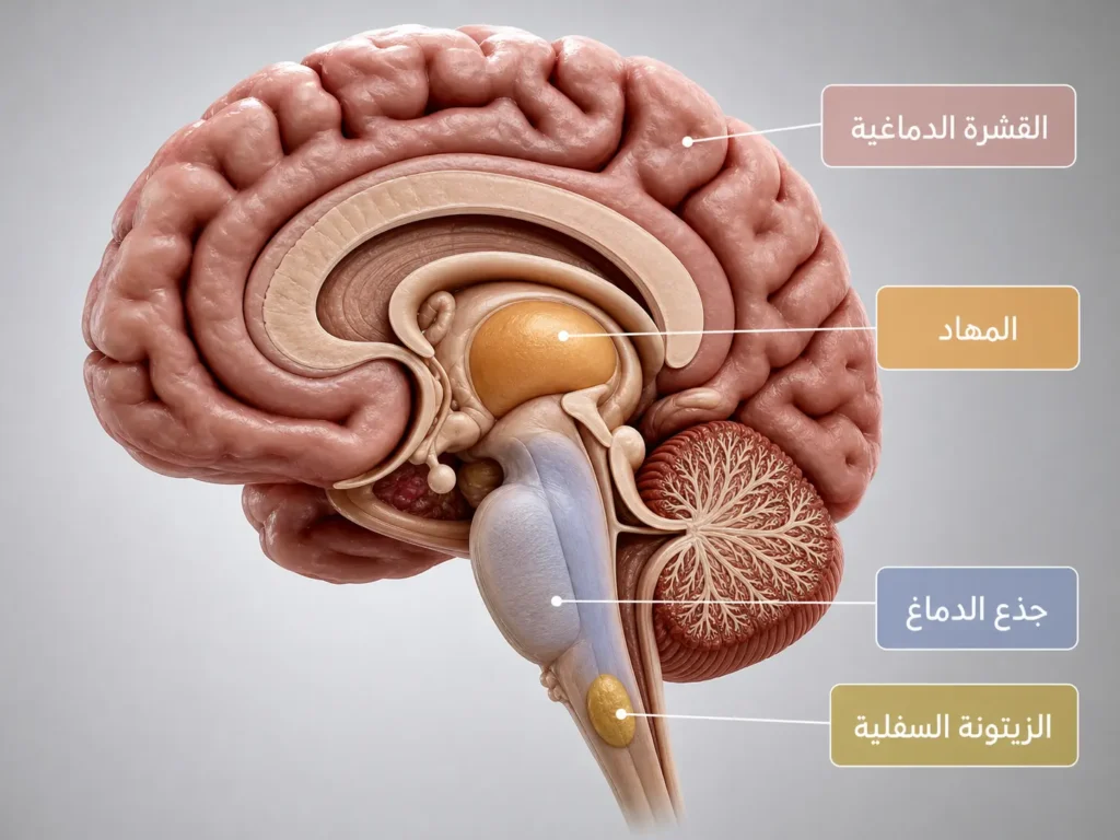 رسم توضيحي لموقع المهاد وجذع الدماغ المرتبطين بمتلازمة الأرق العائلي المميت