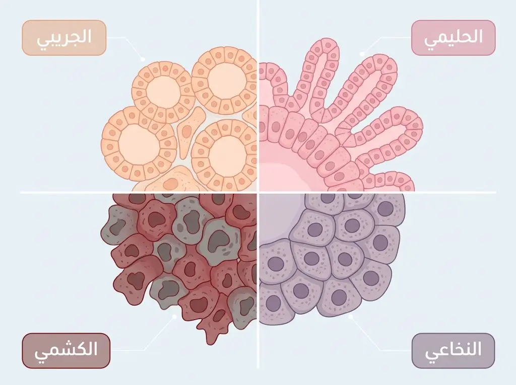 إنفوغرافيك يوضح الأنواع الأربعة الرئيسة لسرطان الغدة الدرقية من حيث شكل الخلايا: الحليمي والجريبي والنخاعي والكشمي.