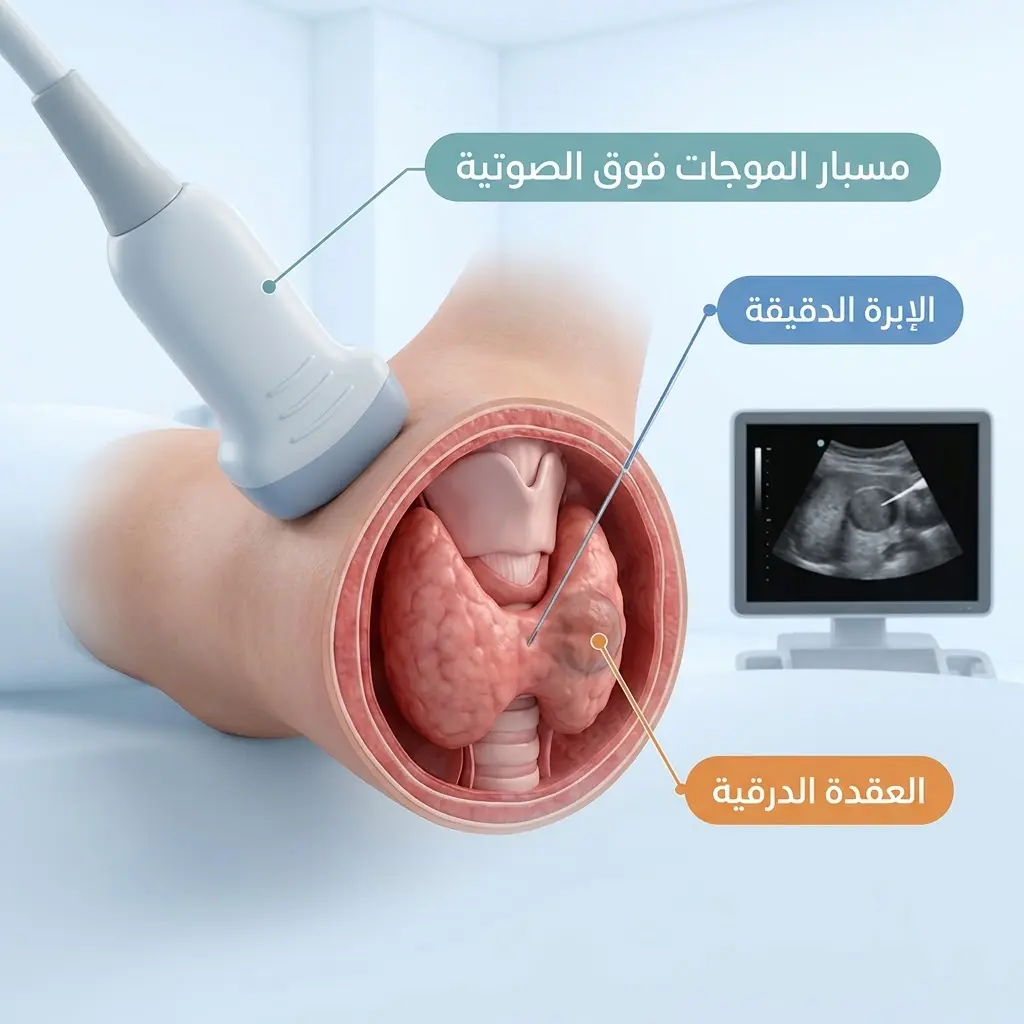 رسم ثلاثي الأبعاد يوضح إجراء الخزعة بالإبرة الدقيقة الموجهة بالموجات فوق الصوتية لعقدة في الغدة الدرقية.