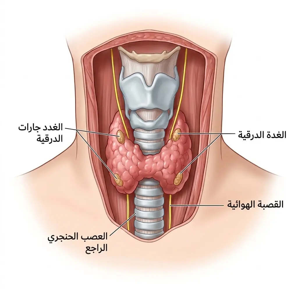 رسم تشريحي دقيق يوضح الغدة الدرقية وعلاقتها بالقصبة الهوائية والغدد جارات الدرقية والعصب الحنجري الراجع.