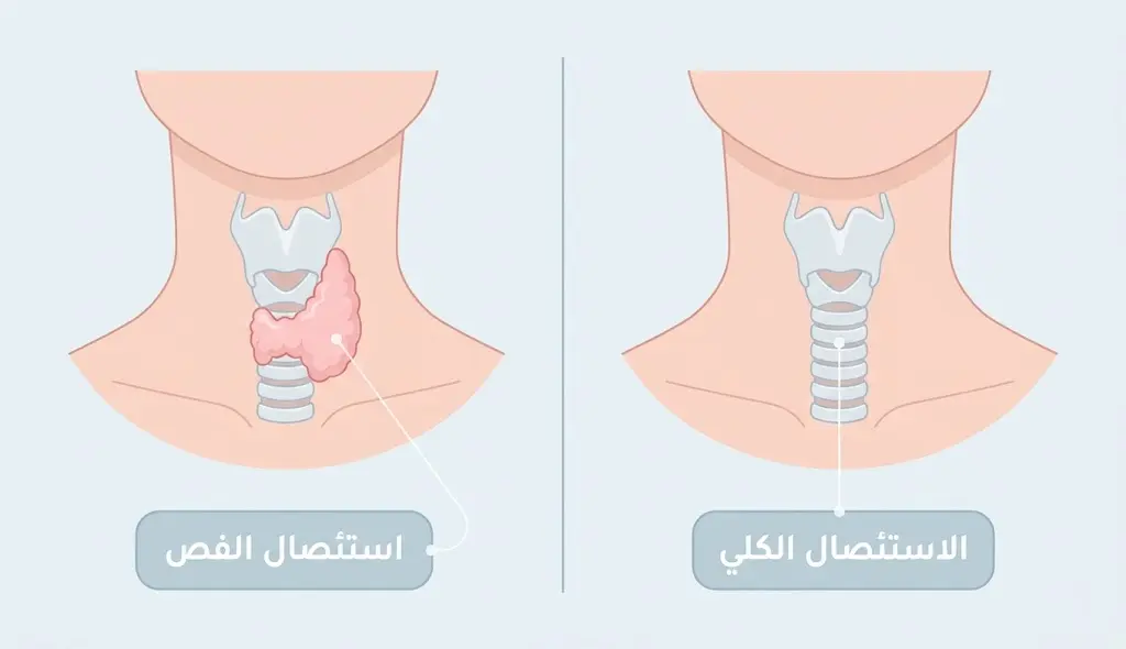 إنفوغرافيك مقارن يوضح الفرق بين استئصال فص واحد من الغدة الدرقية واستئصالها بالكامل.