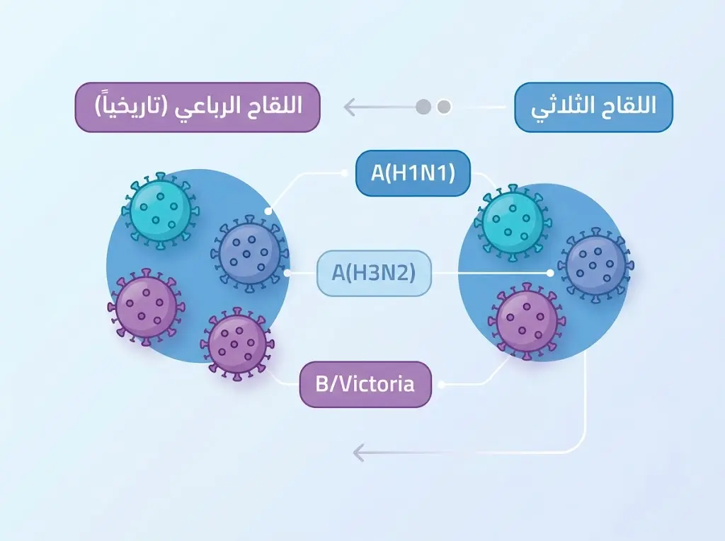 رسم توضيحي للفرق بين لقاح الإنفلونزا الثلاثي والرباعي