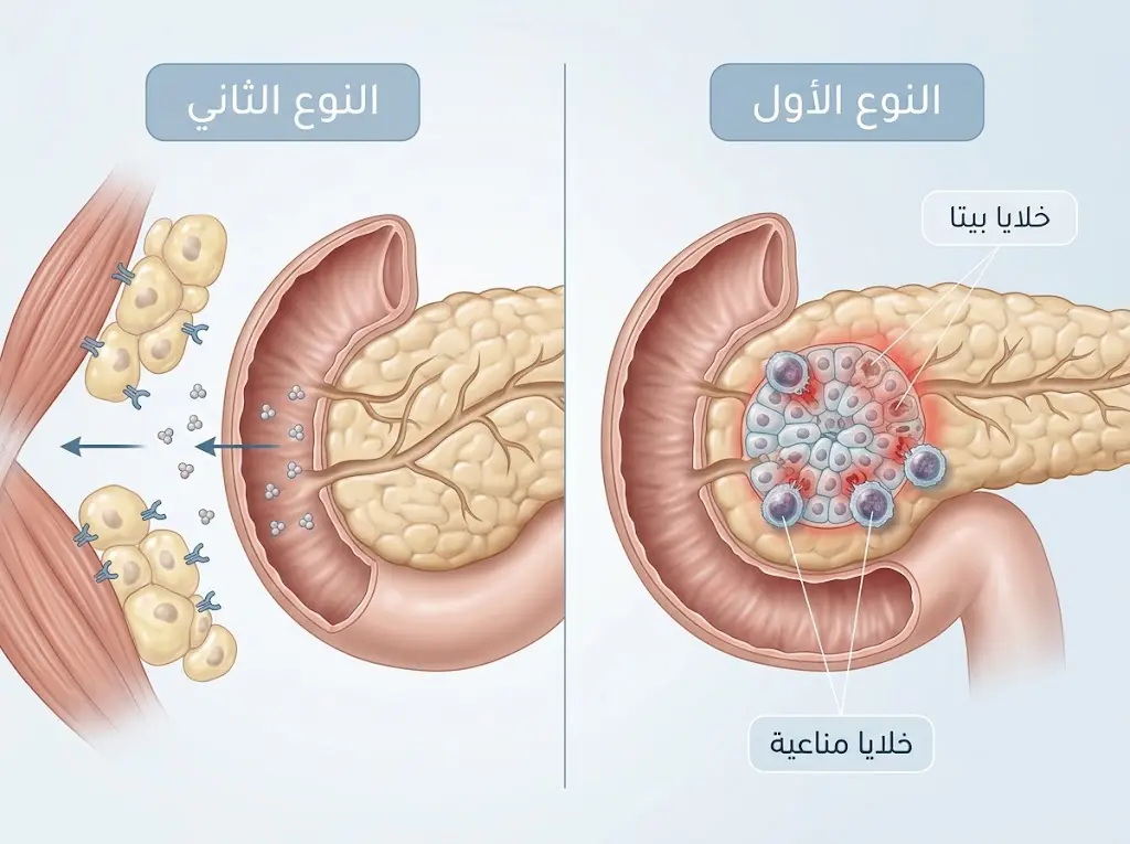 رسم توضيحي يقارن بين آلية السكري من النوع الأول والنوع الثاني في البنكرياس