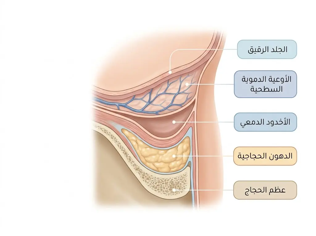 رسم توضيحي طبي لتشريح الجفن السفلي يوضح الجلد الرقيق والأوعية الدموية والأخدود الدمعي