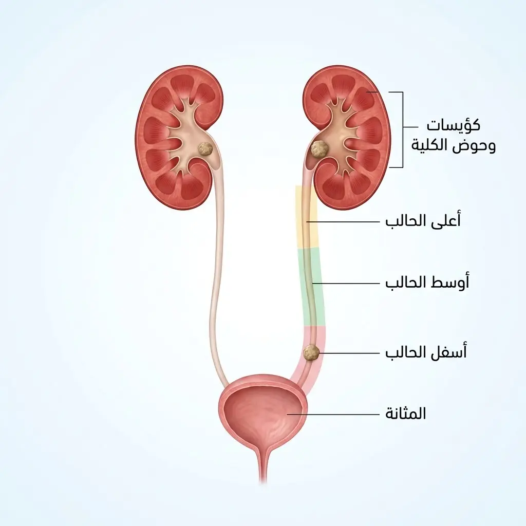 رسم تشريحي يوضح مسار الجهاز البولي ومواضع تكوّن واستقرار حصى الكلى