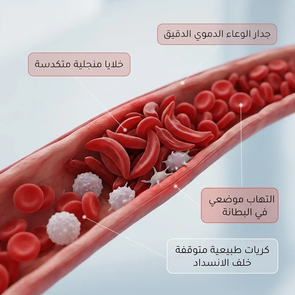 رسم ثلاثي الأبعاد يوضح انسداد وعاء دموي دقيق بخلايا الدم المنجلية المتكدسة وآلية حدوث نوبة الألم