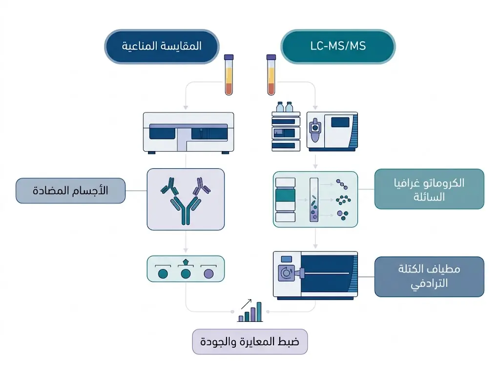 مقارنة توضيحية بين المقايسة المناعية وتقنية الكروماتوغرافيا السائلة المقترنة بمطياف الكتلة لقياس 25-هيدروكسي فيتامين د.