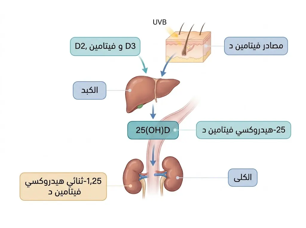 رسم يوضح استقلاب فيتامين د وتحوله في الكبد إلى 25-هيدروكسي فيتامين د ثم تنشيطه في الكلى إلى الكالسيتريول.