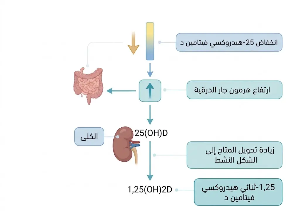 رسم يوضح كيف قد يرتفع هرمون جار الدرقية ويحفز تنشيط فيتامين د في الكلى رغم انخفاض مستوى 25-هيدروكسي فيتامين د.