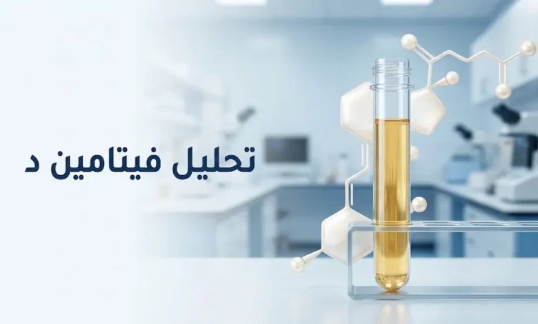 تصميم طبي لتحليل فيتامين د يظهر عينة مصل دم في مختبر طبي حديث مع عنوان تحليل فيتامين د.