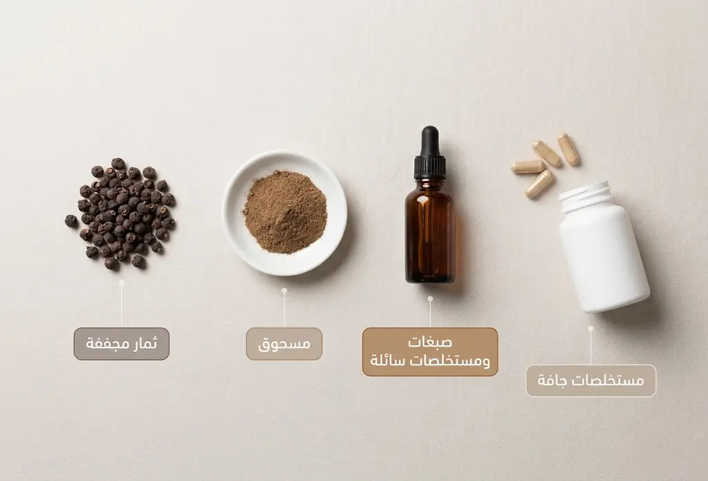 أربعة أشكال مختلفة لمستحضرات عشبة المدينة: ثمار مجففة، مسحوق، صبغة سائلة، ومستخلص جاف في كبسولات