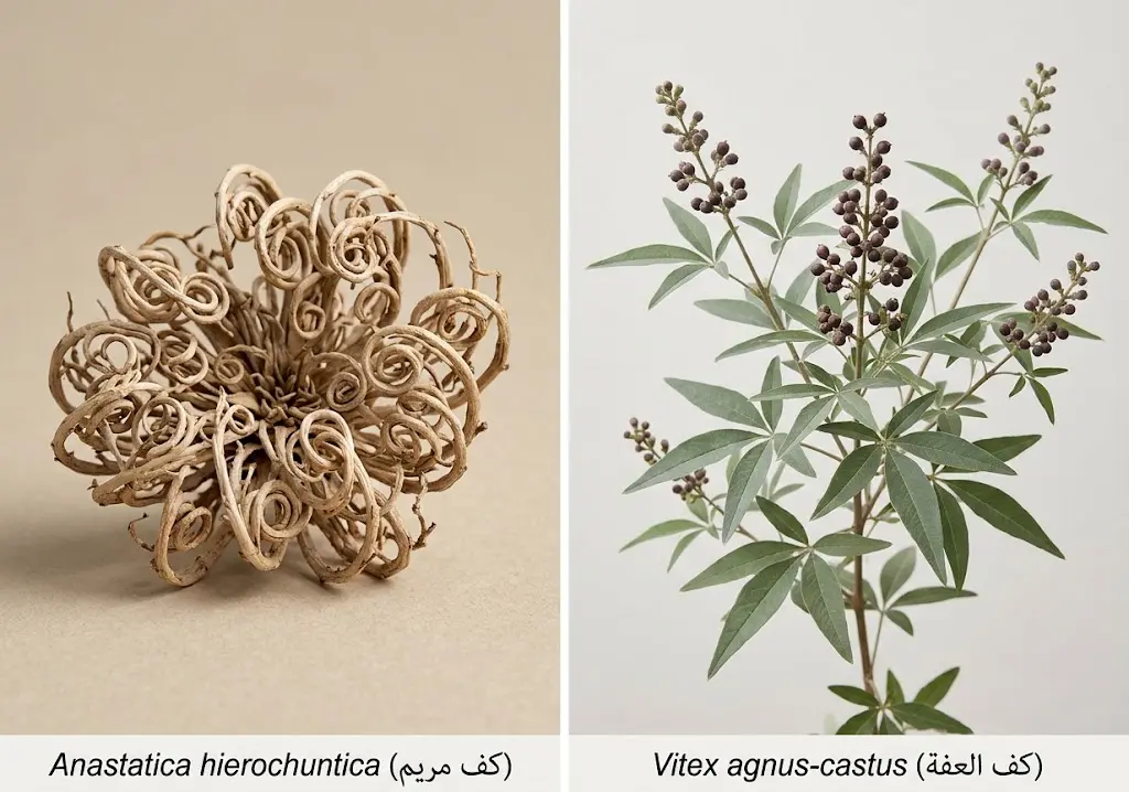 مقارنة بصرية بين نبات عشبة المدينة Vitex agnus-castus ونبات كف مريم Anastatica hierochuntica
